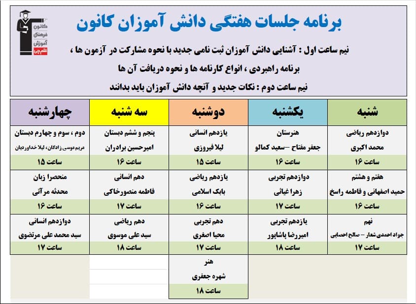  برنامه جلسات هفتگی دانش آموزان کانون 